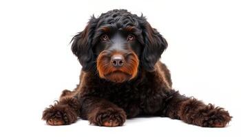 Dark Brown Curly Haired Dog Lying Down on White Background photo