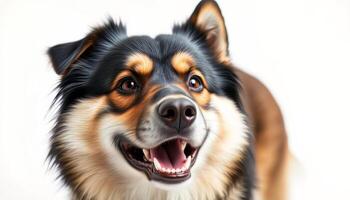 Portrait of a Happy Black Tan and Brown Mixed Breed Dog Against a White Background photo