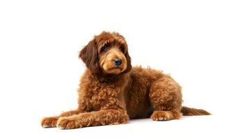 Red Fluffy Dog Lying on White Background photo