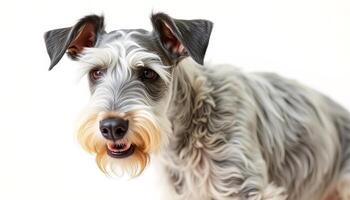 Portrait of a Fluffy Grey and White Miniature Schnauzer Dog Against a White Background photo