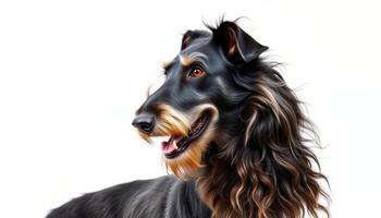 Portrait of a Black and Brown Longhaired Dog Against a White Background photo