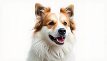 Portrait of a Happy Fluffy Dog with Red and White Fur Against a White Background photo