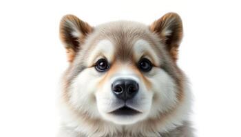 Close Up Portrait Of An Adorable Brown And White Shiba Inu Puppy Against White Background photo