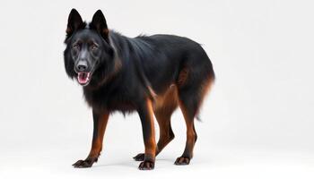 a black and tan dog standing on a white background photo