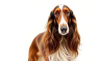 Portrait of a Longhaired Brown and White Spaniel Dog Against a White Background photo