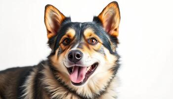 Portrait of a Happy Black and Tan Mixed Breed Dog Against a White Background photo