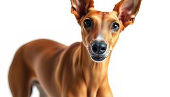 Portrait of a Reddish Brown Small Dog with Erect Ears Against a White Background photo