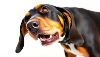 Closeup Portrait Of A Black And Tan Hound Dog With Floppy Ears Against A White Background photo