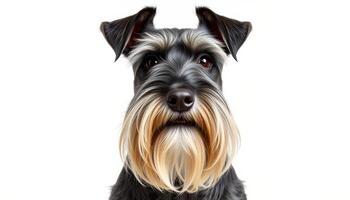 Closeup Portrait of a Miniature Schnauzer Dog with Black and Silver Fur on White Background photo