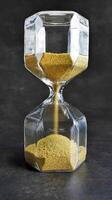 Transparent Hourglass with Falling golden Sand in dark background, Every second count, running out of time or time up or passage of time concept photo