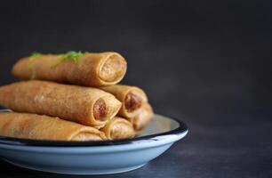 Deep fried spring roll golden brown color, served in a blue oval shape plate, famous local street food in Thailand, food industry concept photo