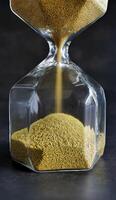 Close up Hourglass with Falling golden Sand in dark background, Every second count, running out of time or time up or passage of time concept photo
