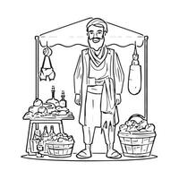 An illustration of a man standing in front of a market stall vector