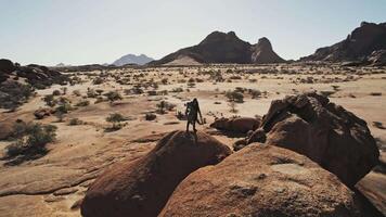 Man Standing on Rock in African Desert Drone View video