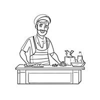 A man in an apron is standing at a counter with food vector