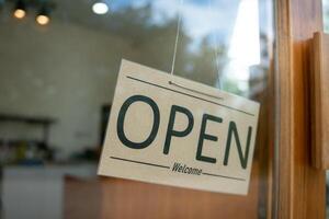 open on the first day of business. guarantees safety, cleanliness, open the coffee shop. open for New normal. Small business, welcome, restaurant photo