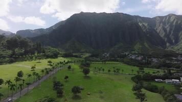 Aerial view of Oahu, Hawaii, featuring the Ko olau Mountain Range, a small town, grassy fields, and palm trees with slow sweeping motion. video