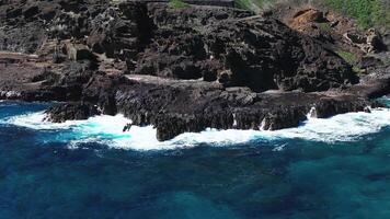 Aerial view of Oahu's rocky coastline with turquoise waves crashing against volcanic rocks. Green cliffs and visible motion of waves add dynamic contrast. video