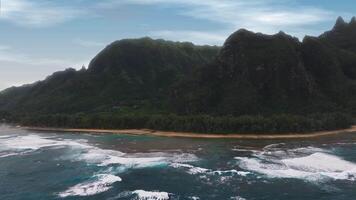 Aerial view of lush green cliffs and dense vegetation on Kauai island, Hawaii. A golden sandy beach meets turquoise waters with gentle waves. video
