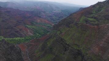 Aerial view of Waimea Canyon on Kauai Island, Hawaii, showcasing red and green hues, rugged cliffs, and lush vegetation with slow sweeping motion. video