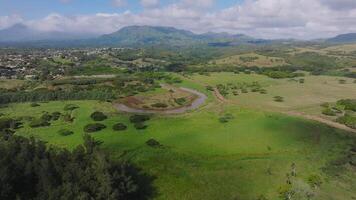 Aerial view of Kauai island in Hawaii showing a winding river, green fields, dense vegetation, mountains, and a distant settlement under cloudy skies. video