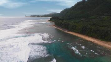 Aerial view of Kauai Island's coastline in Hawaii, showing lush greenery, rugged cliffs, sandy beaches, and ocean waves with smooth camera motion. video