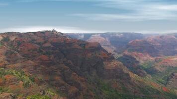 Aerial view of Waimea Canyon on Kauai island, showcasing red and green cliffs, rugged terrain, and lush vegetation with a slow sweeping pan. video