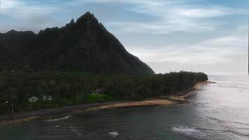 Aerial view of Napali Coast on Kauai Island, Hawaii, showcasing jagged cliffs, lush greenery, sandy beaches, and turquoise ocean waves in motion. video