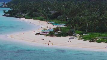 Serene aerial view of a beach on Oahu, Hawaii, with turquoise waters, white sand, palm trees, small boats, and people relaxing by the shore. video