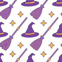 Witch hats and broomsticks seamless tile pattern with mystical elements and purple tones for magical home decor concept as Mystical witch hats and broomsticks arranged seamlessly w Clear vector