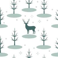 Winter seamless pattern with deer snow covered trees and frozen lakes for a woodland winter scene concept as Woodland winter pattern with deer snow covered trees and frozen lakes f Clear vector