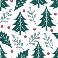 Winter seamless pattern with pine trees holly leaves and berries for a festive holiday design concept as Holiday winter pattern with pine trees holly leaves and berries for a festi Clear vector