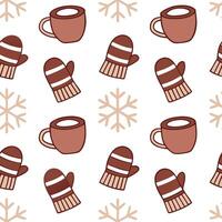 Warm winter seamless pattern with hot cocoa mugs scarves and mittens for a cozy seasonal feel concept as Cozy winter pattern with hot cocoa mugs scarves and mittens for a snug hear Clear vector