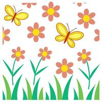 Vibrant spring nature seamless pattern with blooming flowers and fluttering butterflies for lively outdoor scenes concept as Lively spring pattern with blooming flowers and butterf Clear vector