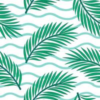 Tropical summer waves seamless pattern with palm leaves and wave textures for exotic beach themed designs concept as Tropical beach wave pattern with palm leaves and wave textures Clear vector