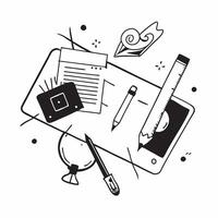 Top view of a workspace with a sketchbook and pencils symbolizing artistic creativity in double exposure with copy space concept as A top view of a workspace blended with a sketch Clear vector