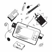 Top view of a workspace with a tablet and drawing pen symbolizing digital sketching in double exposure with copy space concept as A top view of a workspace with a tablet and drawi Clear Set 2 vector
