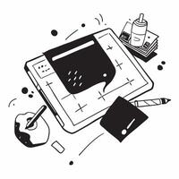 Top view of a workspace with a tablet and drawing pen symbolizing digital sketching in double exposure with copy space concept as A top view of a workspace with a tablet and drawi Clear vector