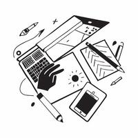 Top view of a workspace with a phone and notebook symbolizing organization in double exposure with copy space concept as A top view of a workspace blended with a phone and noteboo Clear vector