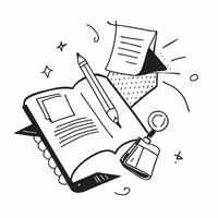 Top view of a workspace with a notebook and pen symbolizing creativity in double exposure with copy space concept as A top view of a workspace blended with a notebook and pen repr Clear vector