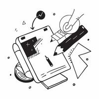 Top view of a workspace with a drawing pad and color pencils symbolizing creativity in double exposure with copy space concept as A top view of a workspace blended with a drawing Clear Set 2 vector