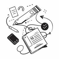 Top view of a workspace with a computer mouse and documents symbolizing information management in double exposure with copy space concept as A top view of a workspace blended with Clear Set 4 vector