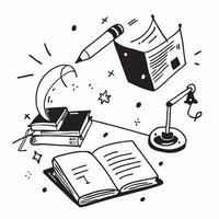 Top view of a workspace with a desk lamp and a book symbolizing reading and light in double exposure with copy space concept as A top view of a workspace blended with a desk lamp Clear vector