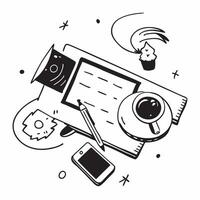 Top view of a workspace with a coffee mug and graphic tablet symbolizing creative work in double exposure with copy space concept as A top view of a workspace blended with a coffe Clear vector