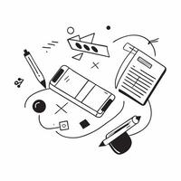 Top view of a workspace with a computer mouse and documents symbolizing information management in double exposure with copy space concept as A top view of a workspace blended with Clear vector