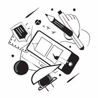 Top view of a workspace with a computer mouse and documents symbolizing information management in double exposure with copy space concept as A top view of a workspace blended with Clear Set 2 vector