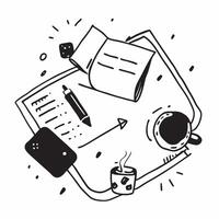 Top view of a workspace with a coffee cup and notepad symbolizing planning in double exposure with copy space concept as A top view of a workspace blended with a coffee cup and no Clear Set 2 vector