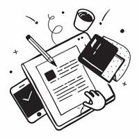 Top view of a workspace with a camera and memory card symbolizing media creation in double exposure with copy space concept as A top view of a workspace blended with a camera and Clear Set 2 vector