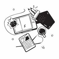 Top view of a desk with a tablet and coffee cup symbolizing creative breaks in double exposure with copy space concept as A top view of a desk with a tablet and coffee cup intertw Clear vector