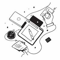Top view of a desk with a sketchbook and a digital tablet symbolizing creativity and technology in double exposure with copy space concept as A top view of a desk with a sketchboo Clear vector